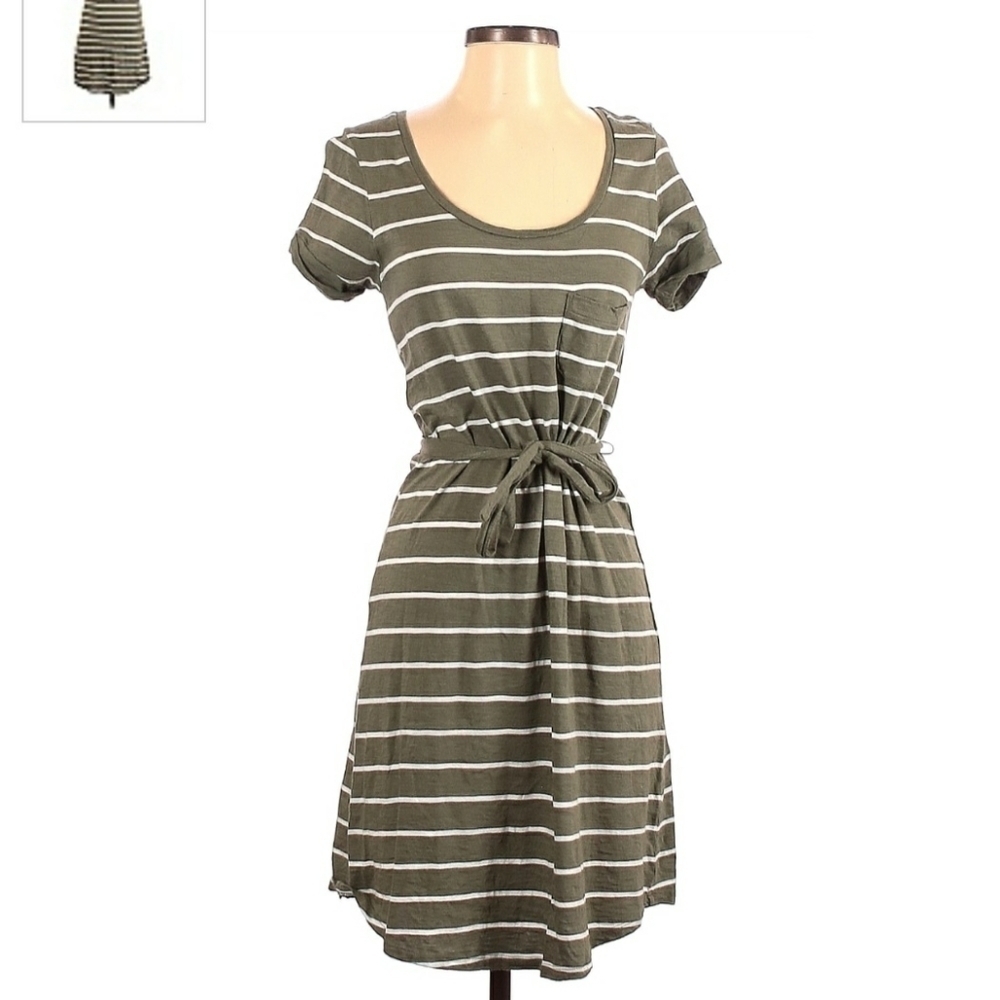 Sonoma Life + Style Striped Swing Dress Tie Waist Olive Green White Women's XS